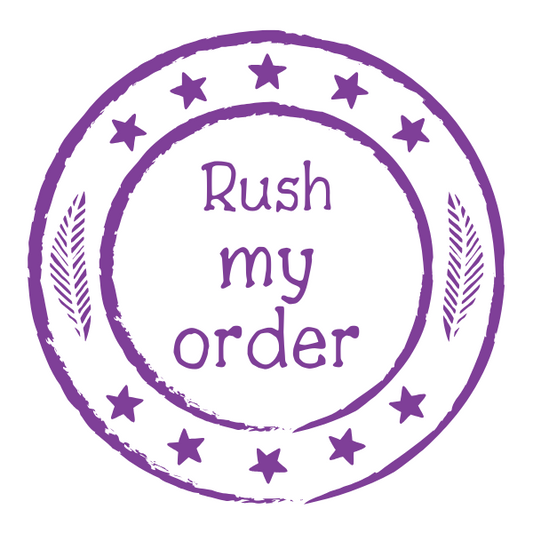 Purple 'Rush my order' stamp with stars on a white background